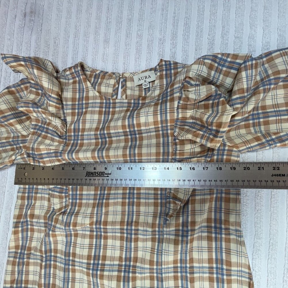 Aura Women's Medium Round Neck Brown Plaid Long Sleeve Ruffle Top Blouse NWOT - Picture 5 of 7